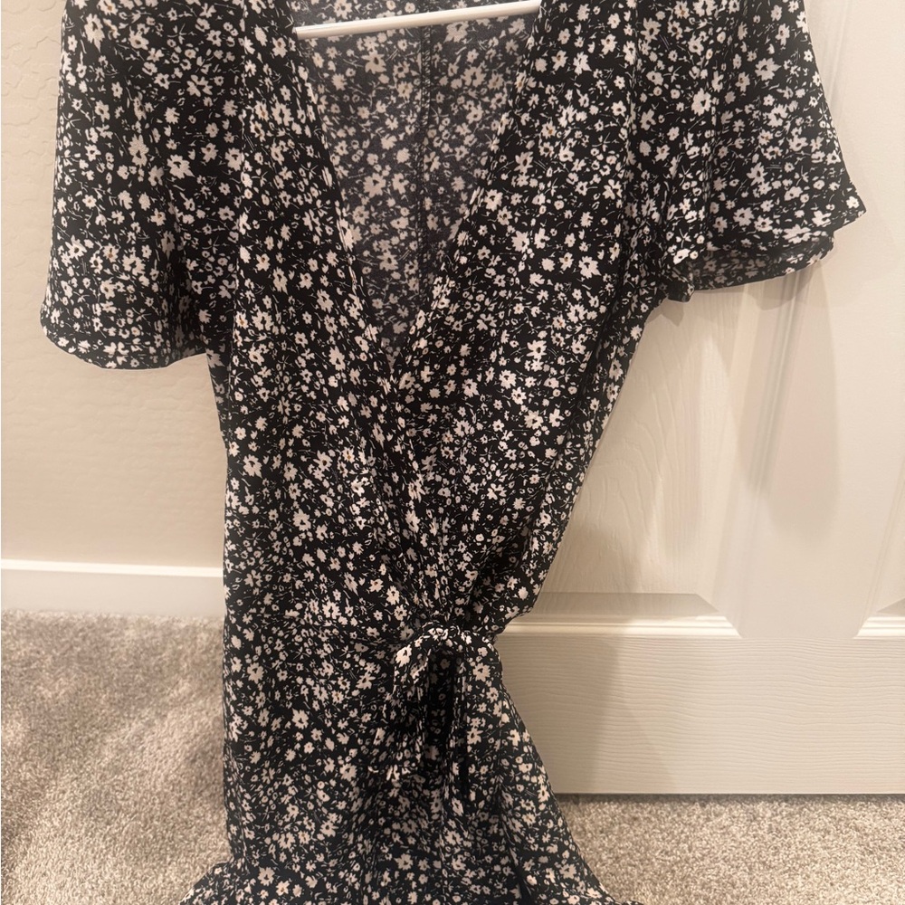 Floral Black and White Wrap Dress